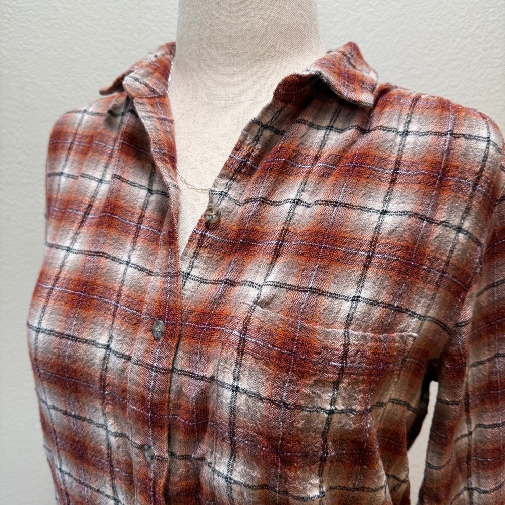 Beach‎ Lunch Lounge Plaid Button-Up Soft Flannel Fall Rustic Boho Shirt Women M - Picture 5 of 13